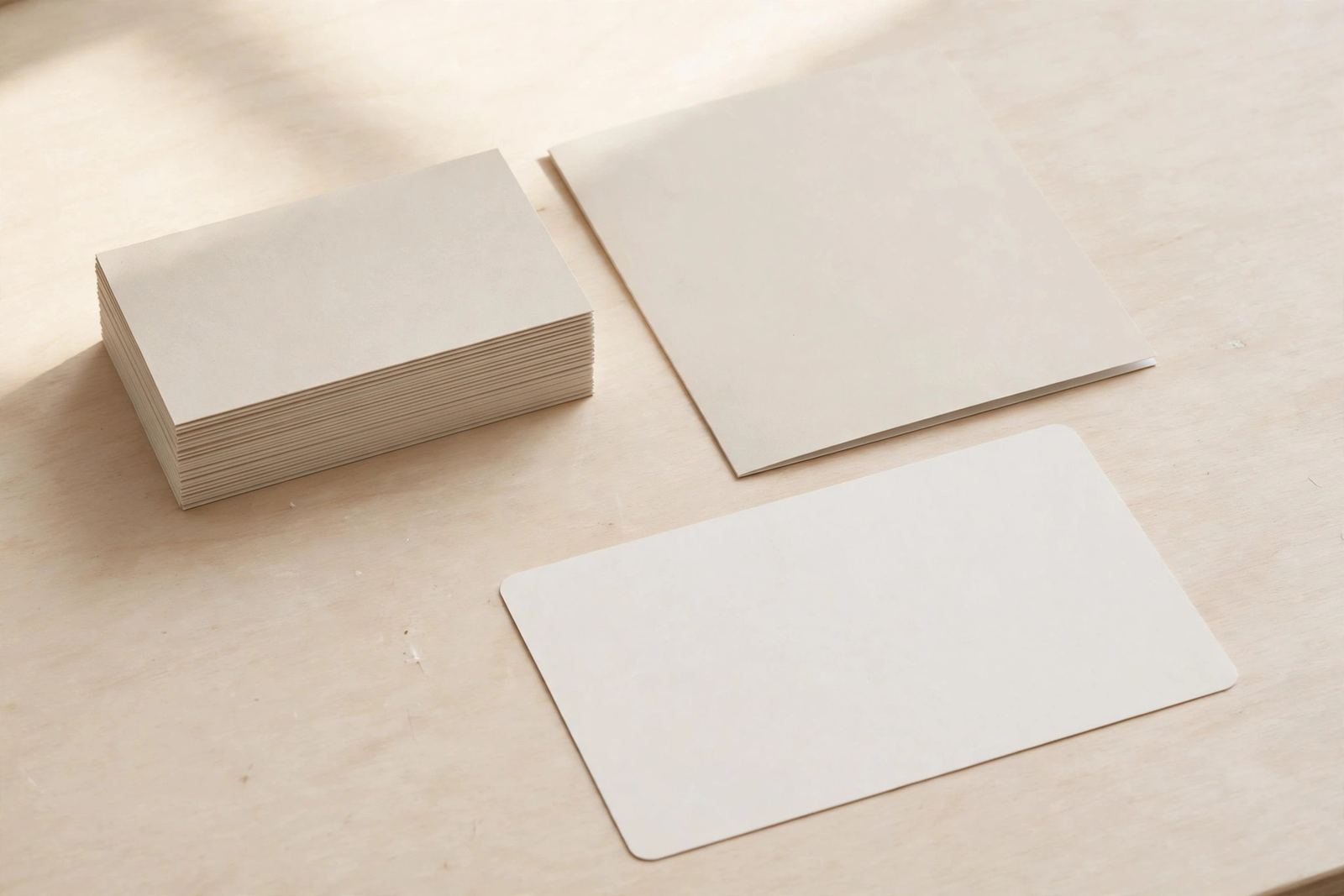 Stack of blank business cards, flyer and postcard