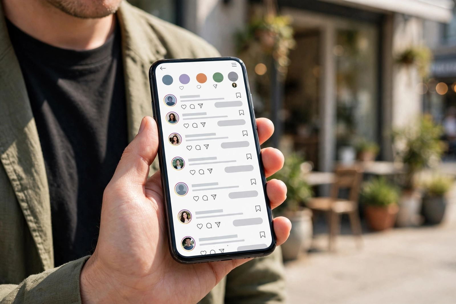 Person holding a phone showing social media profiles